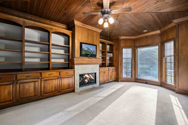 Wood paneled den with fireplace